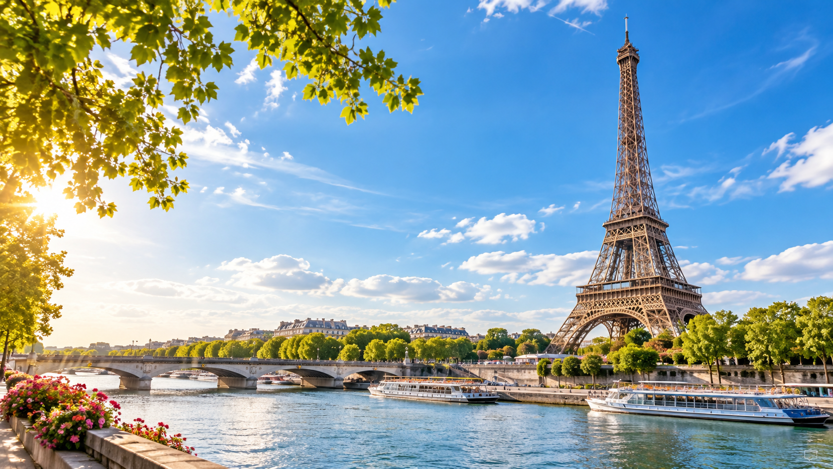 Bright Paris view with the Eiffel Tower and Seine
