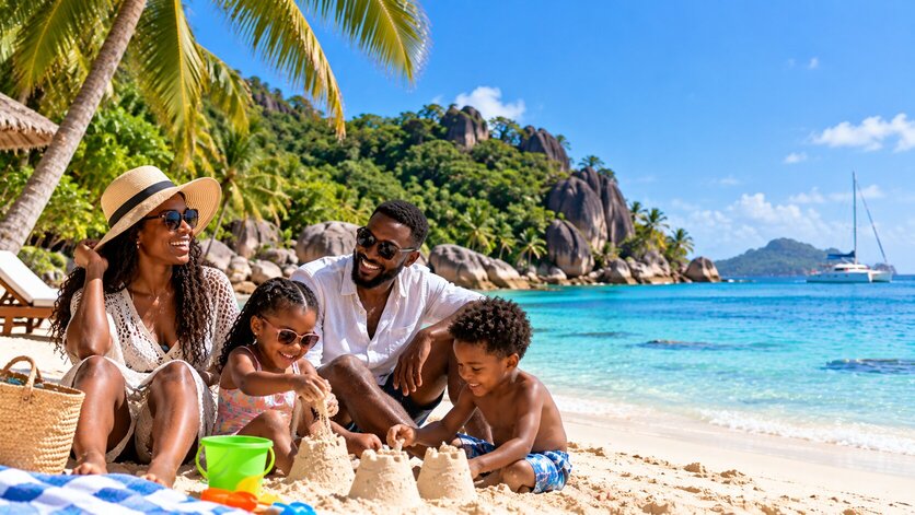 Family arriving for an Indian Ocean holiday